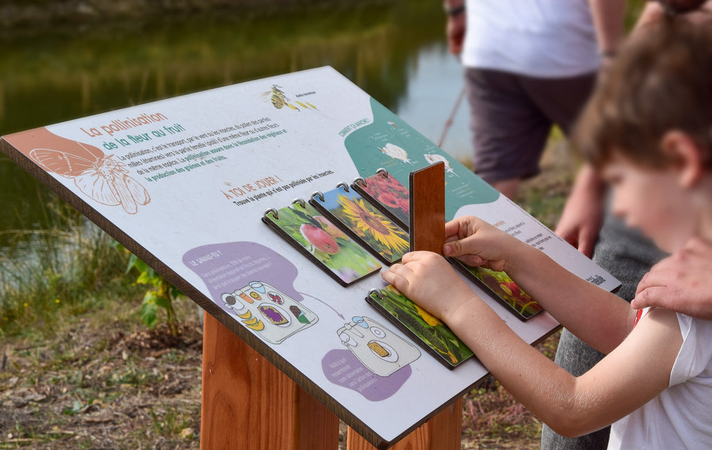 Signalétique pédagogique fabriquée en France sur support bois. Ce panneau, ou table de lecture avec clapets, renseigne sur les insectes pollinisateurs.