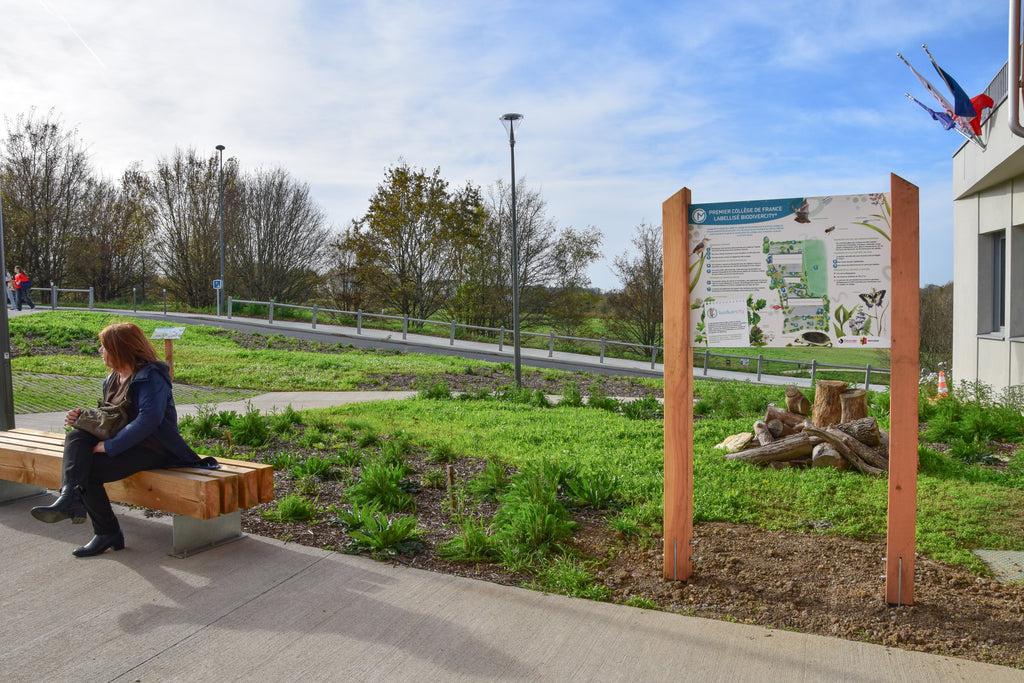 Panneau pédagogique, signalétique, nature, biodivercity, HQE, collège, scolaire, RIS, accueil
