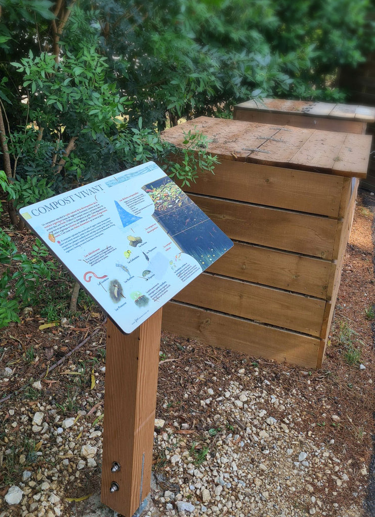 Signalétique pédagogique, compost, panneau, table de lecture, pupitre, ludique, sol
