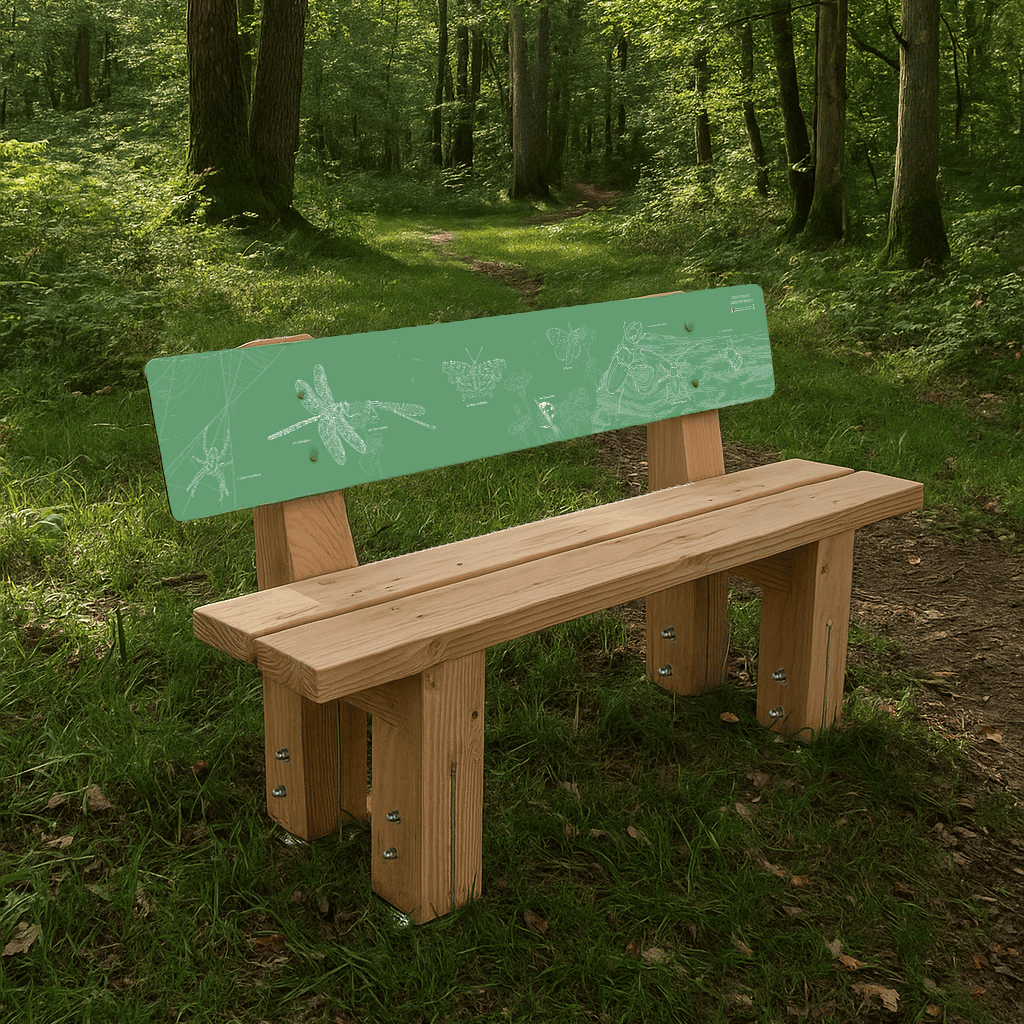 Banc pédagogique, bois PEFC et visuel en Stratimage® - Atelier Nature & Territoires