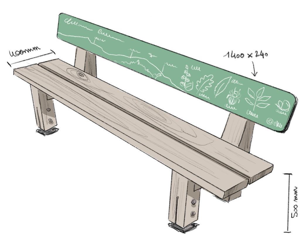 Croquis d'un banc pédagogique sur les plantes illustrant ses dimensions en largeur hauteur et longueur.