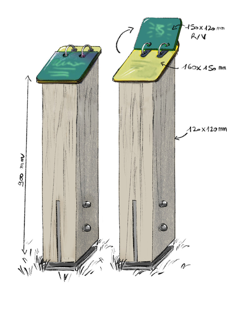 Croquis d'une borne de signalisation personnalisable avec toutes les dimensions indiquées. Présentation de deux versions : une borne simple avec plaque d'information sur un poteau en bois de mélèze, et une borne ludique à clapet, permettant de soulever une plaque pour en dévoiler une autre.