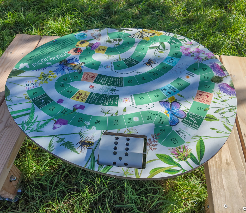 Jeu de l’oie sur les pollinisateurs, une activité ludique et éducative pour sensibiliser petits et grands à l’importance des abeilles, papillons et autres insectes dans la nature. Bois PEFC, Stratimage®, jeux, dé, insectes, pollinisateurs.