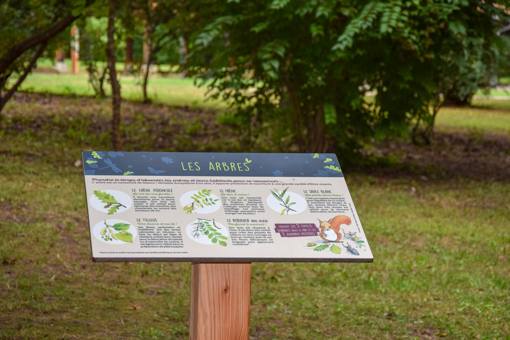 table de lecture en bois et en stratimage, ANT, Atelier Nature et Territoires, les arbres, interprétation de la nature, sentier, parcours ludique