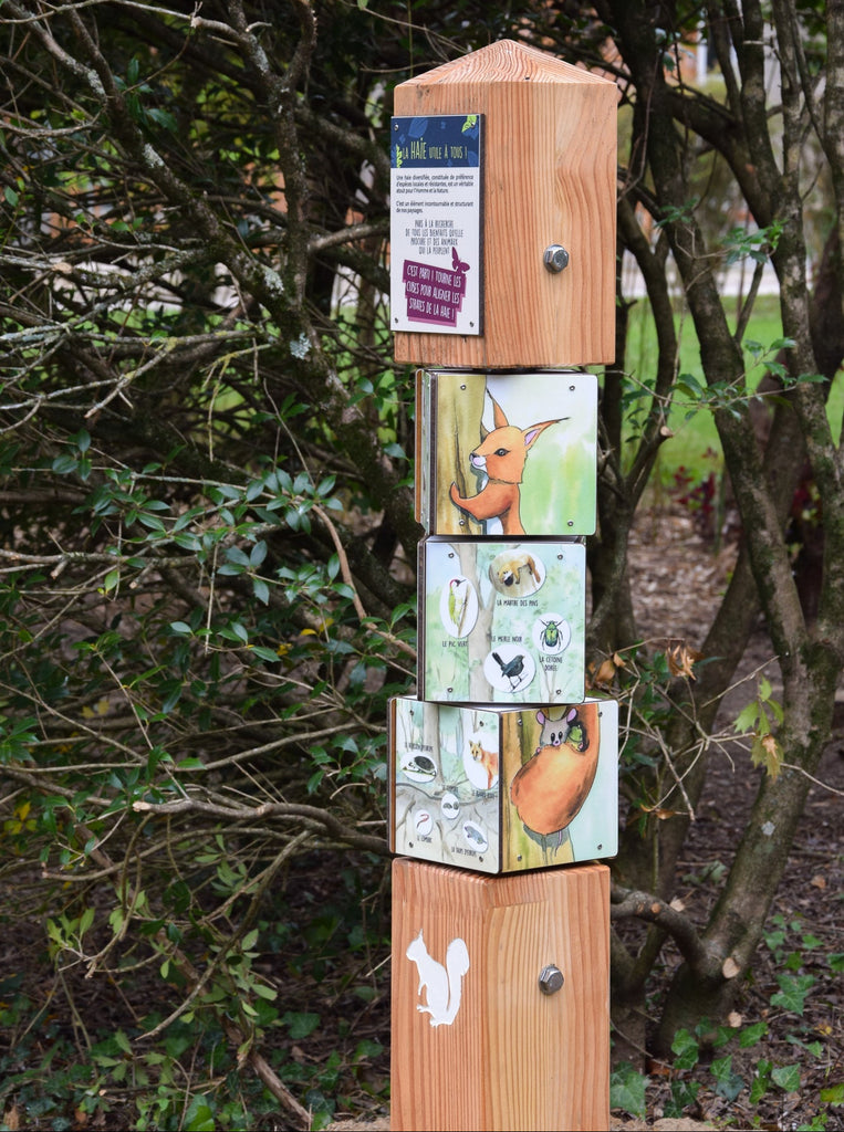 Cubes à tourner pédagogiques, arbres, biodiversité, canopée, panneaux pédagogiques, équipement d'extérieur ludique et pédagogique