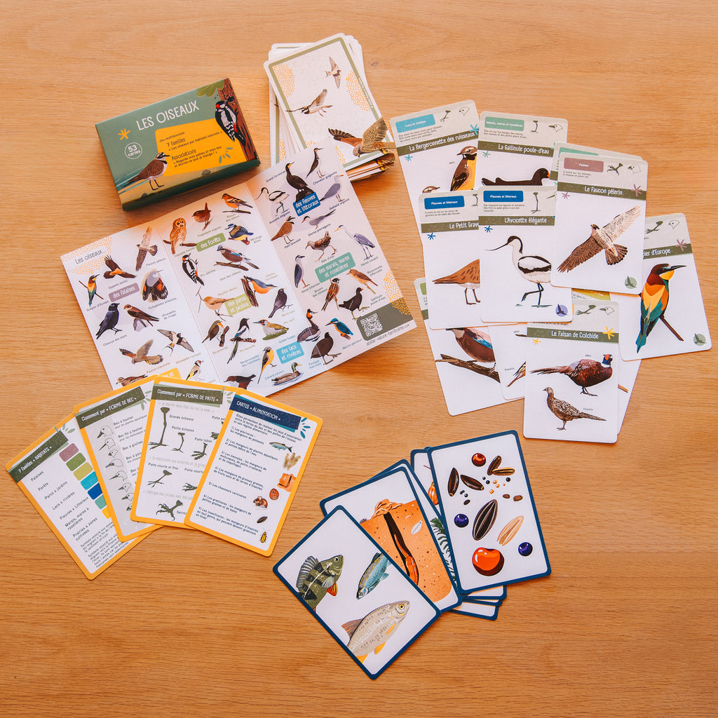 Jeu de cartes pédagogique sur les oiseaux. C'est à la fois un jeu de 7 familles pour apprendre à reconnaître les oiseaux et leurs habitats. Il permet également un jeu dynamique d'association (forme du bec et alimentation) décrit dans le livret d'accompagnement.