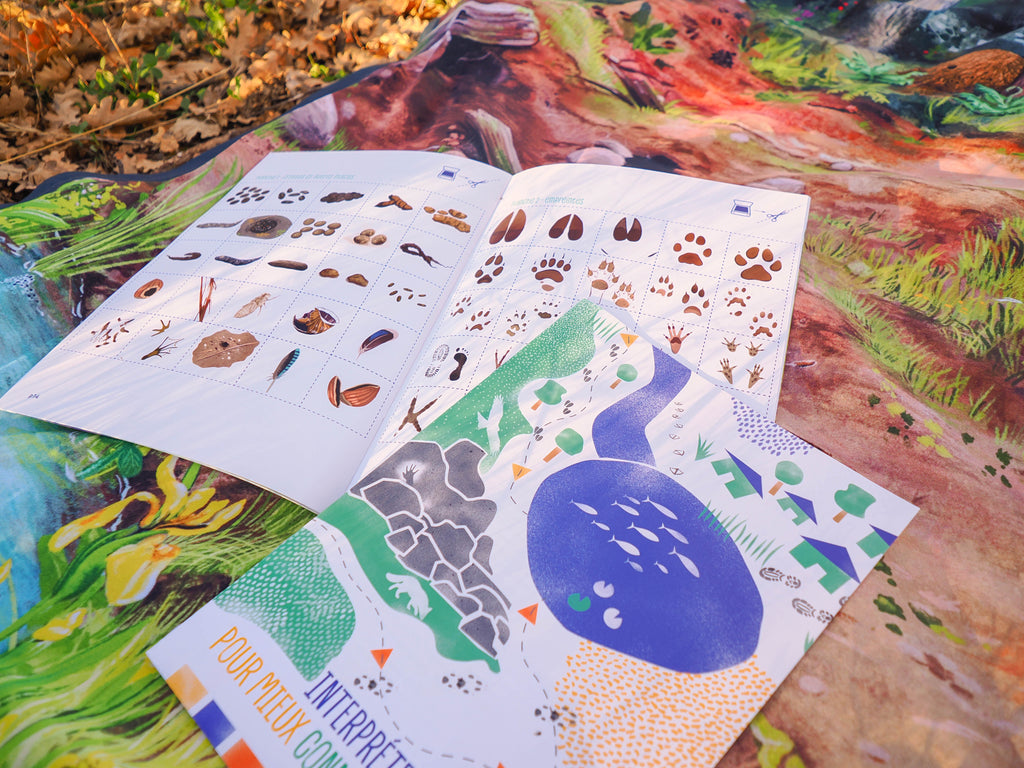 Livré animateur des traces et empreintes d'animaux, cartes des animaux de la forêt, jeu, éducation à l'environnement