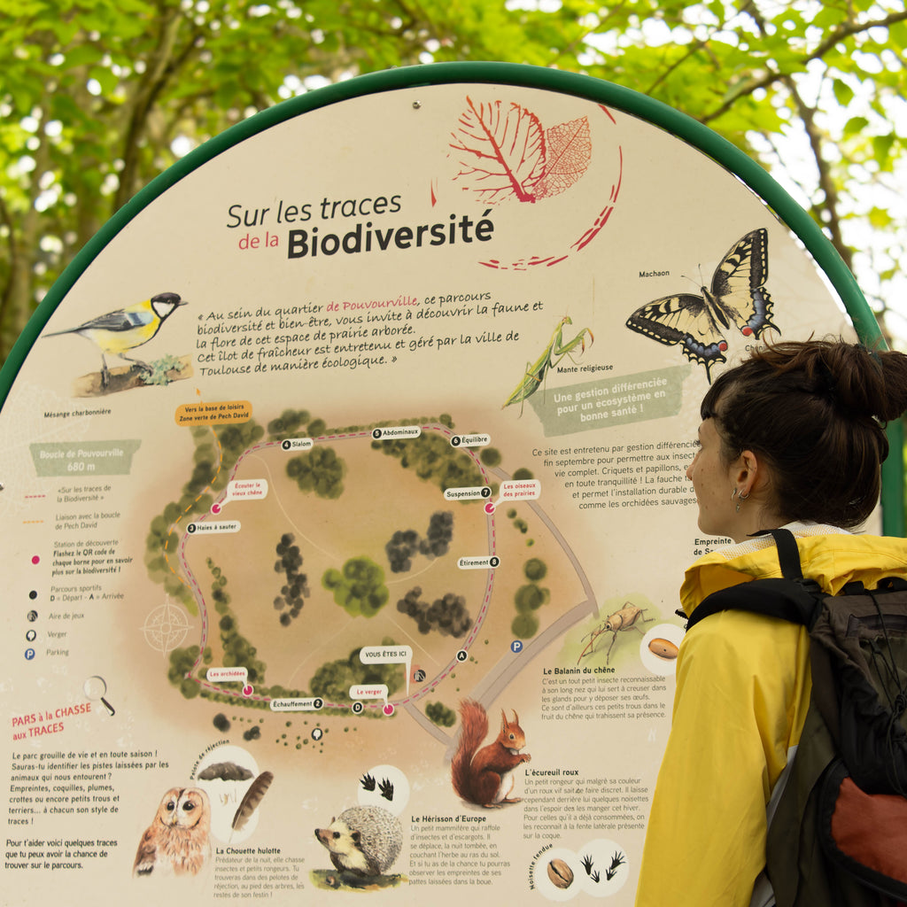 Panneau pédagogique sur le parcours en nature. Explications sur le parcours, les stations pédagogiques présentes, les être vivants présents, leurs mode de vie et leurs traces.