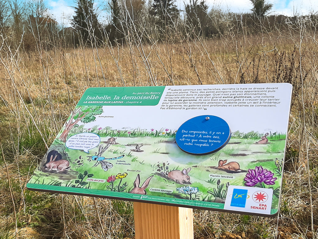 Signalétique pédagogique fabriquée en France sur support bois. Ce panneau, ou table de lecture, renseigne sur la faune et la flore du parc  de Balory. Focus sur l'aulne glutineux et les lapins de garenne. signalétique pédagogique, panneau pédagogique, parcours, aire de jeux, sentier, espace vert, nature en ville