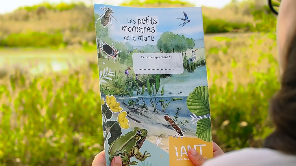 Page de garde du cahier d'activités pour apprendre à reconnaître les plantes et animaux de la mare. Reconnaissance par un jeu éducatif et dessin. Classe dehors, nature