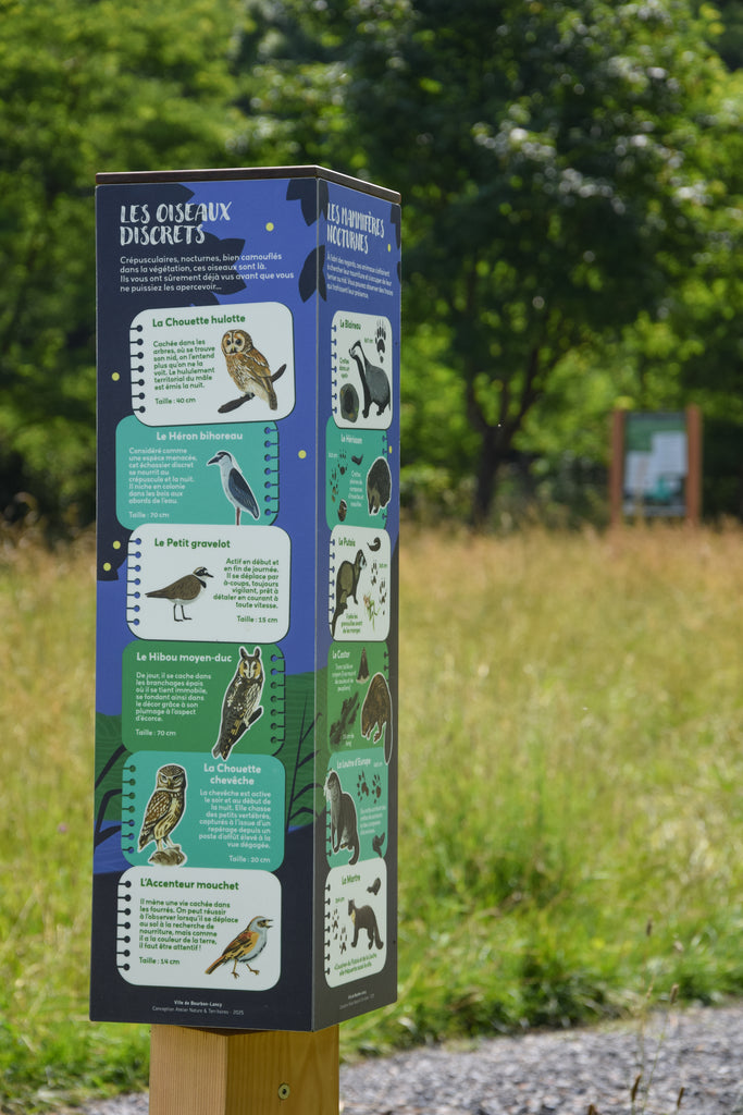 Signalétique pédagogique personnalisée, fabriquée en France sur support bois. Installé dans un parc proche de la Loire. Signalétique pédagogique, panneau pédagogique, parcours, sentier, espace vert naturel, rivière, faune et flore