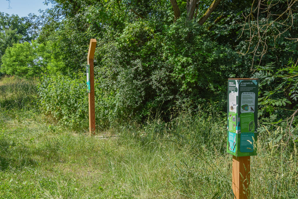 Signalétique pédagogique personnalisée, fabriquée en France sur support bois. Installé dans un parc proche de la Loire. Signalétique pédagogique, panneau pédagogique, parcours, sentier, espace vert naturel, rivière, faune et flore