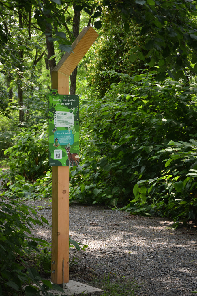 Signalétique pédagogique personnalisée, fabriquée en France sur support bois. Installé dans un parc proche de la Loire. Signalétique pédagogique, panneau pédagogique, parcours, sentier, espace vert naturel, rivière, faune et flore