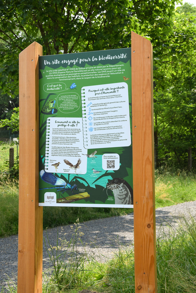 Signalétique pédagogique personnalisée, fabriquée en France sur support bois. Installé dans un parc proche de la Loire. Signalétique pédagogique, panneau pédagogique, parcours, sentier, espace vert naturel, rivière, faune et flore