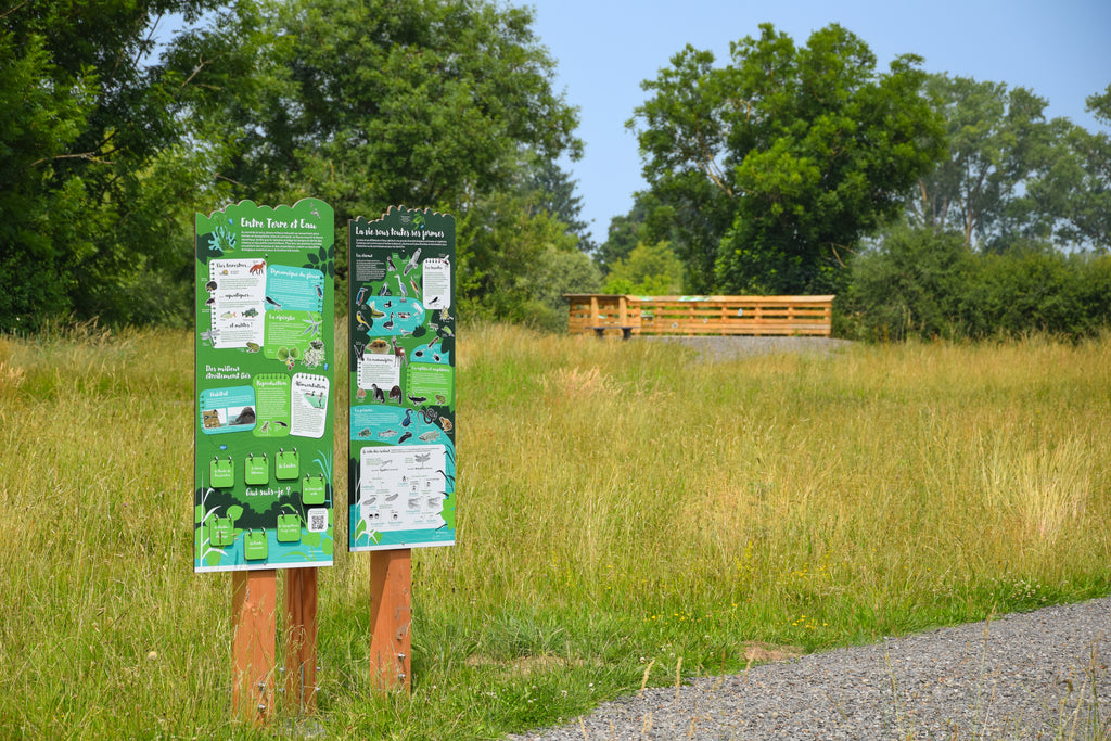 Signalétique pédagogique personnalisée, fabriquée en France sur support bois. Installé dans un parc proche de la Loire. Signalétique pédagogique, panneau pédagogique, parcours, sentier, espace vert naturel, rivière, faune et flore