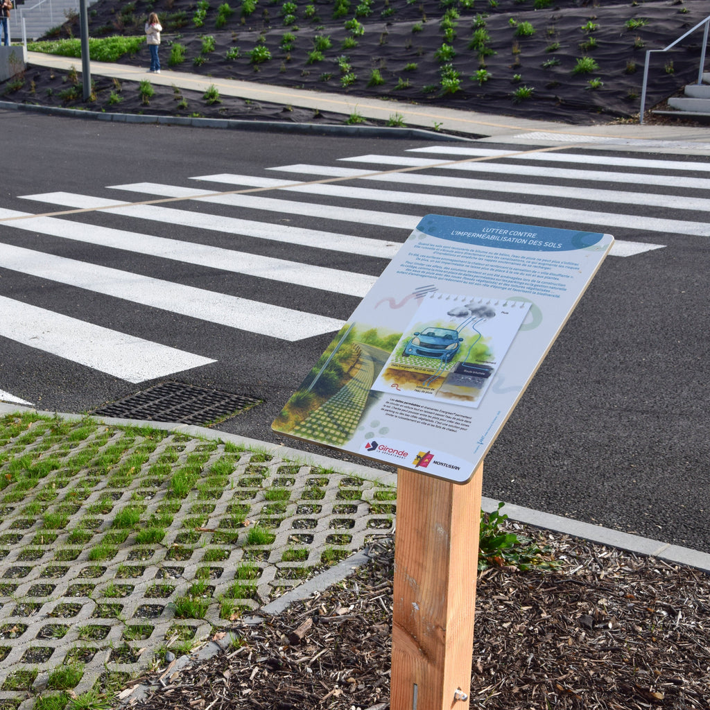imperméabilisation du sol, evergreen, parking, panneau pédagogique