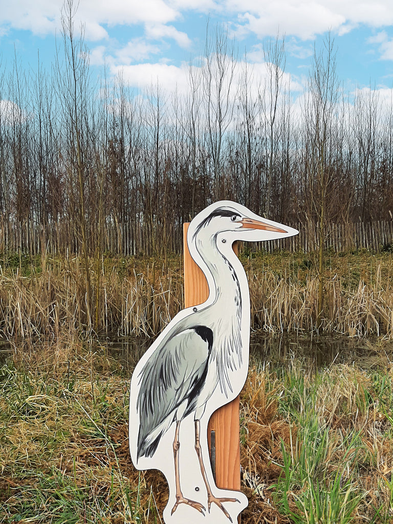 Signalétique pédagogique fabriquée en France. Représentation d'un héron cendré en Stratimage®, fixé sur un poteau en bois. Installé dans un parc. signalétique pédagogique, panneau pédagogique, parcours, aire de jeux, sentier, espace vert, nature en ville