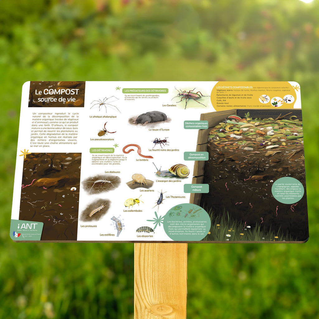 Panneau pédagogique sur la vie du compost. Signalétique en bois écologique et durable, fabriqué en France. Table de lecture pour l'extérieur sur la biodiversité du sol.