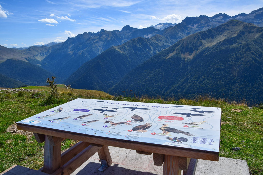 Table de repos pédagogique, signalétique, interprétation, sensibilisation, montagne, rapaces, oiseaux